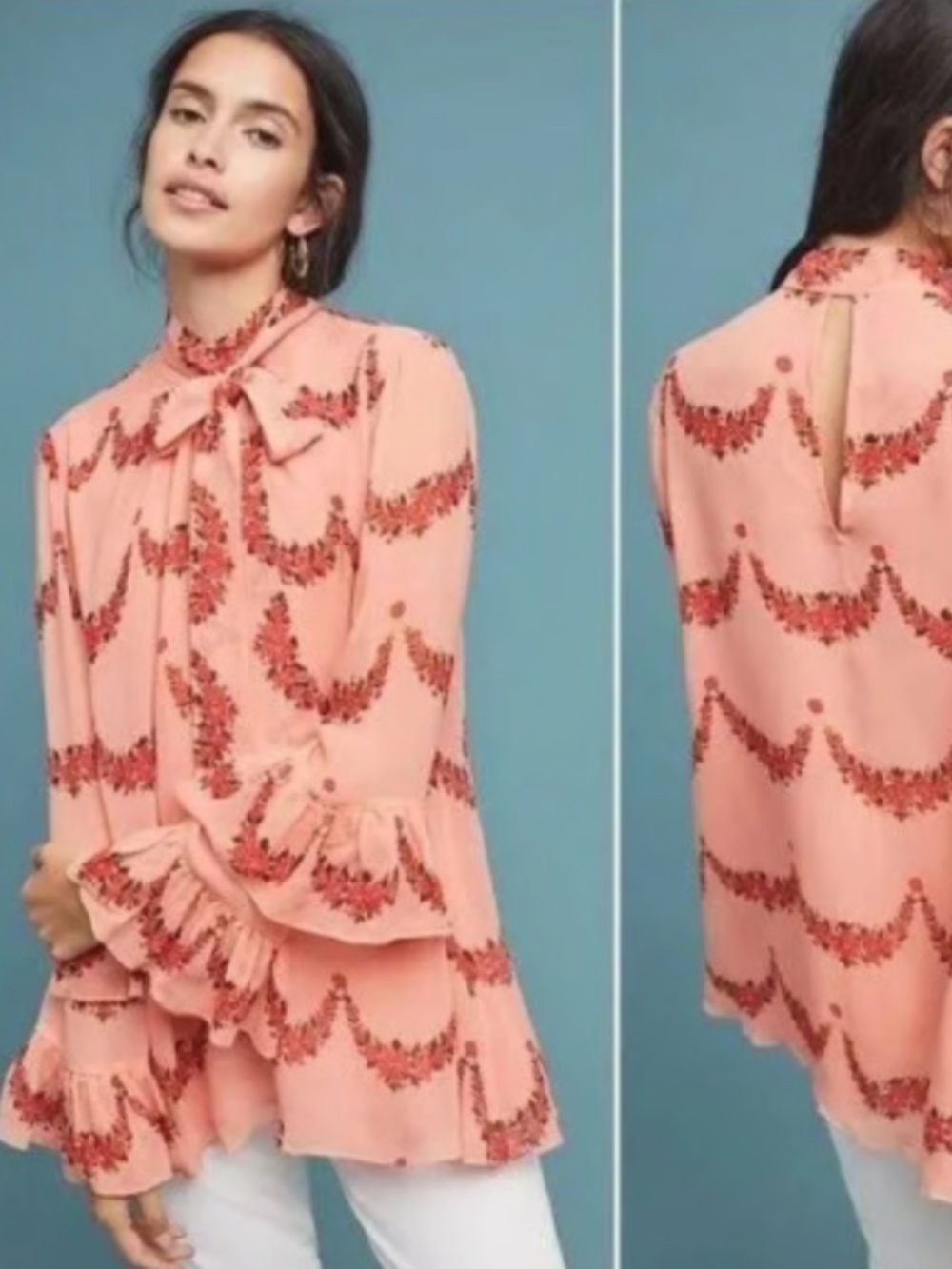 Peach Floral Sheer Ruffle Sleeve Top
